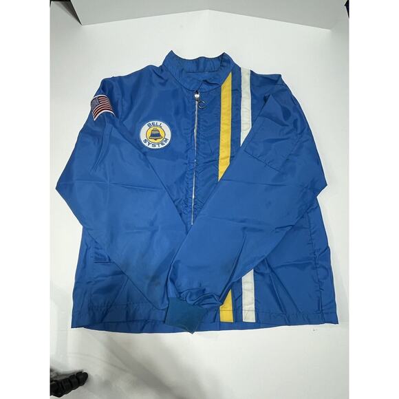 VINTAGE BELL SYSTEM BLUE YELLOW WHITE RACING JACKET SIZE MEDIUM FLEECE LINED - Picture 1 of 10